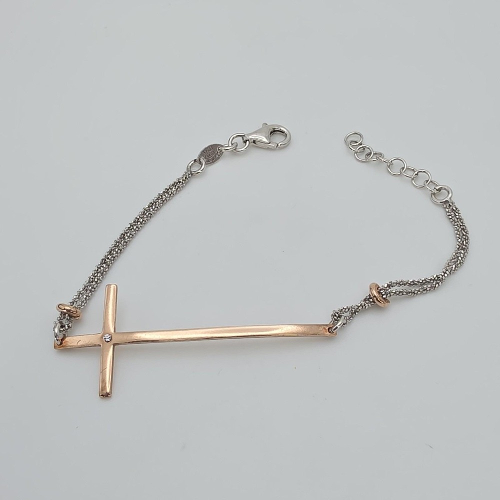 Vtg DYADEMA Cross Bracelet 18k Rose Gold Vermil 925 Sterling‎ Silver Italian 7"